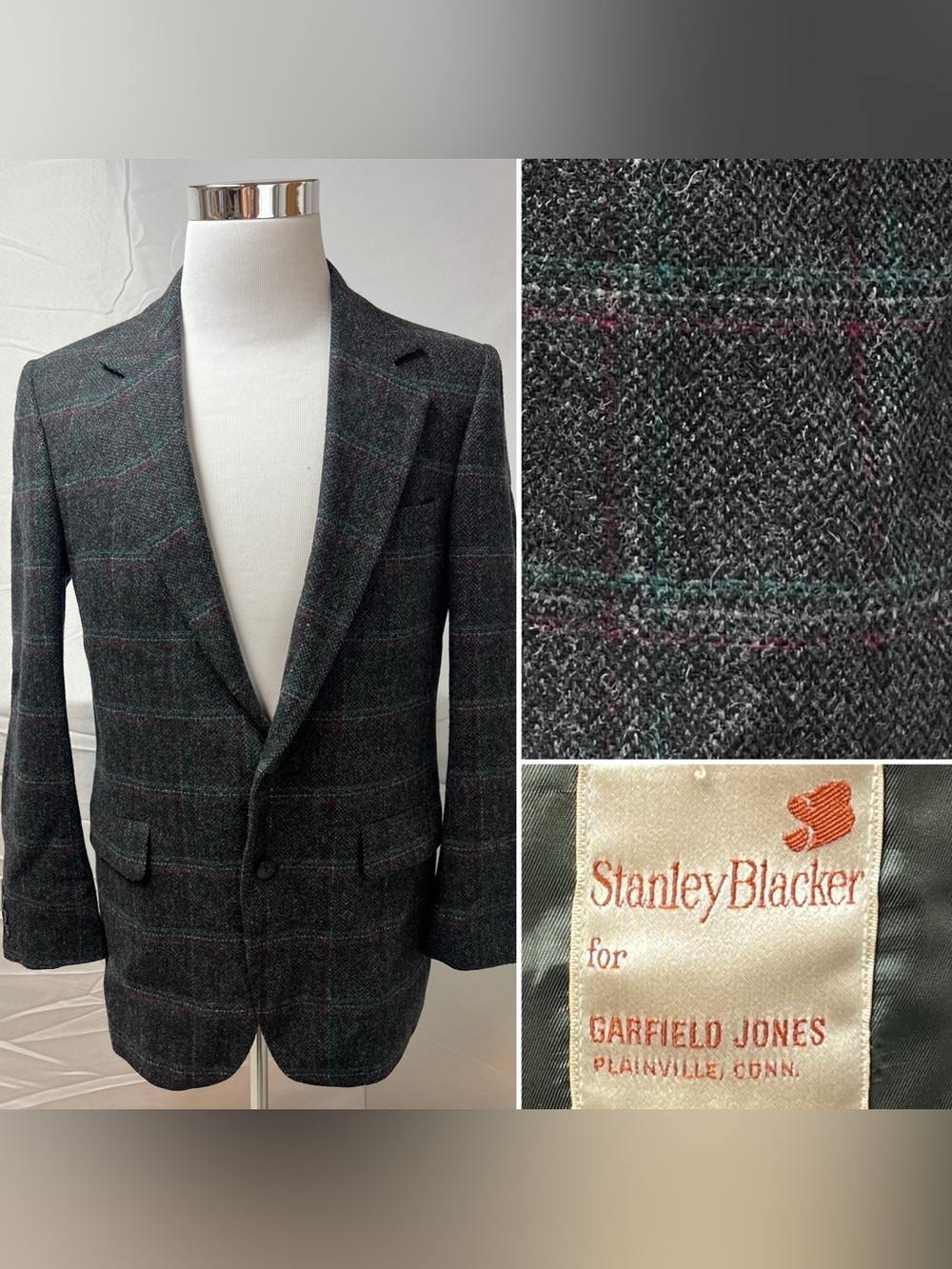 Stanley Blacker Vintage Men's 40R Charcoal Windowpane Plaid Tweed Blazer Jacket